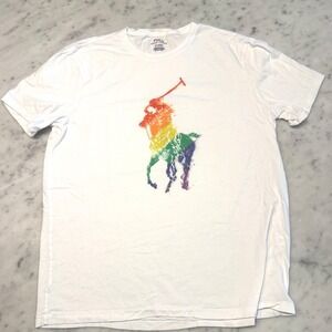 Polo Ralph Lauren Rainbow Big Pony T Shirt White Size M Pride Graphic Tee